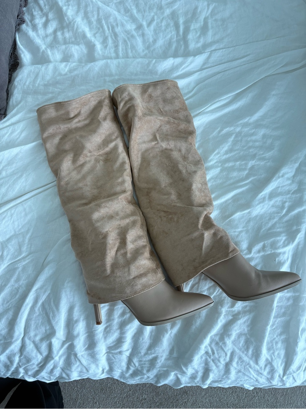 Over-the-Knee Pointed Stiletto Boots in Taupe